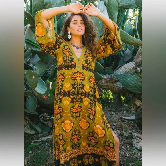 NINE LIVES BAZAAR EMPIRE DRESS COYOTE boho floral print Maxi Dress NWT XXL - Picture 5 of 15